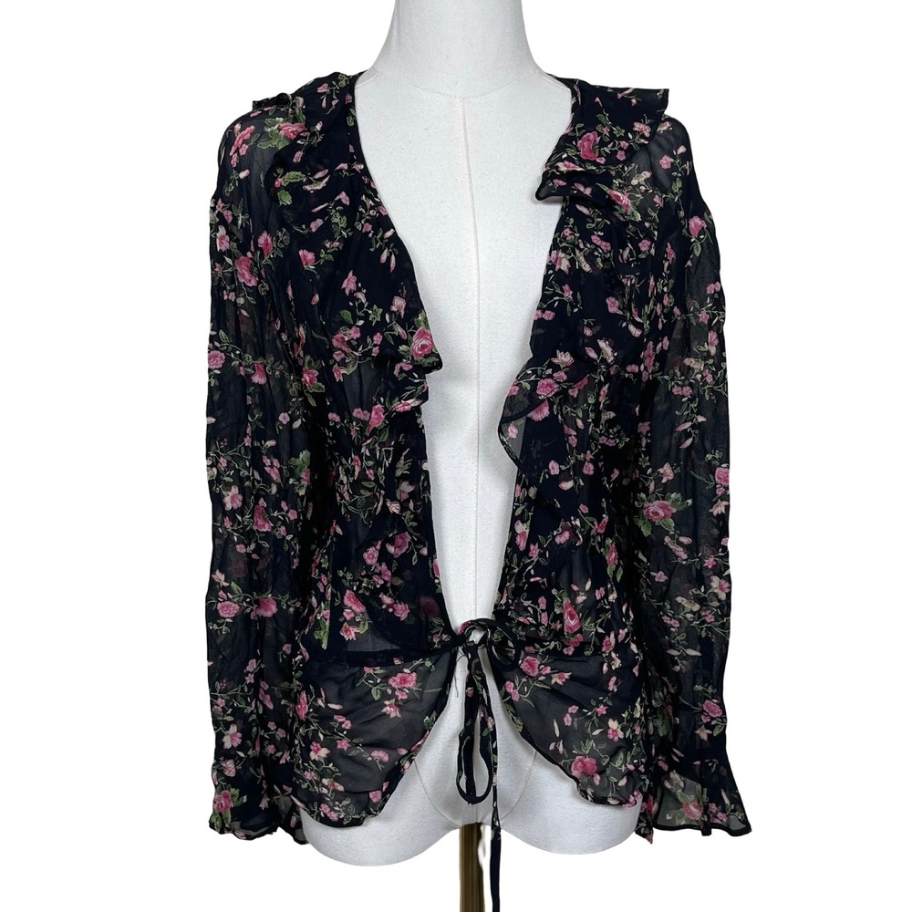 Vintage Paradise Plus Cardigan Women 1X Black Pink Floral Ruffle Tie Front Sheer - Picture 2 of 10